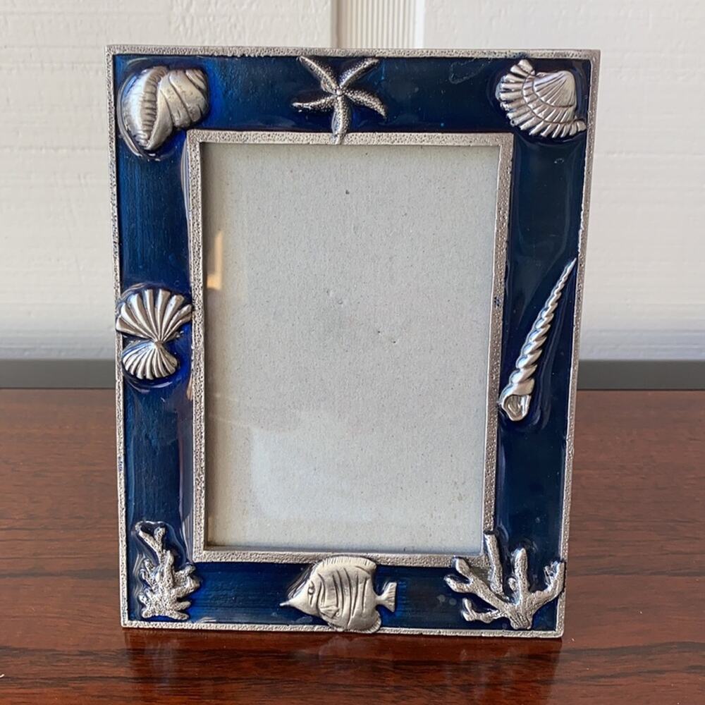 Pewter Sea Life on Navy Blue Enamel Photo Frame